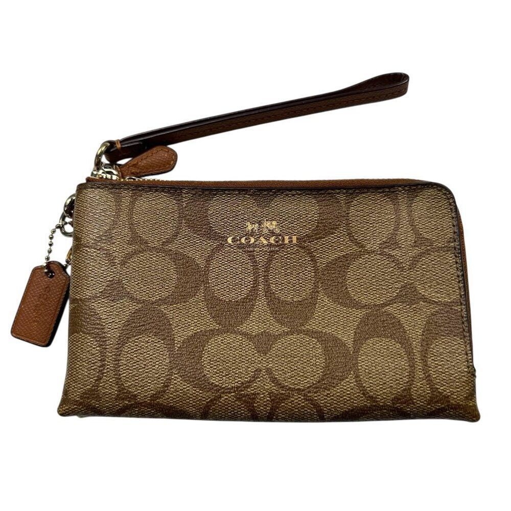 Coach Signature Brown Coated Canvas Double Zip Corner Wristlet Clutch Brown Tan